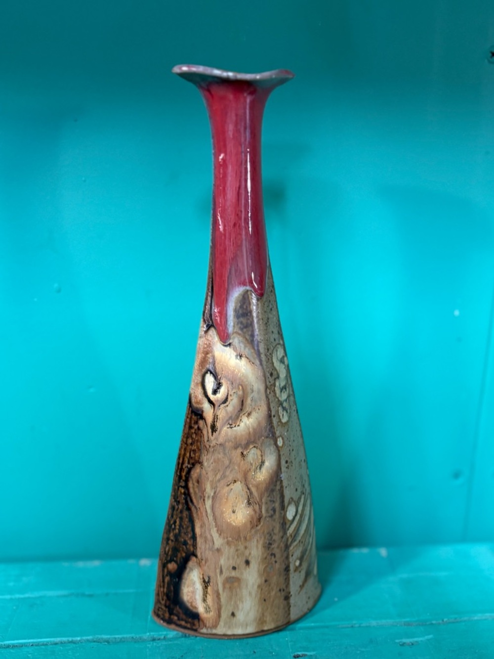 Tall Ceramic Bud Vase in Red and Wood-Tone
